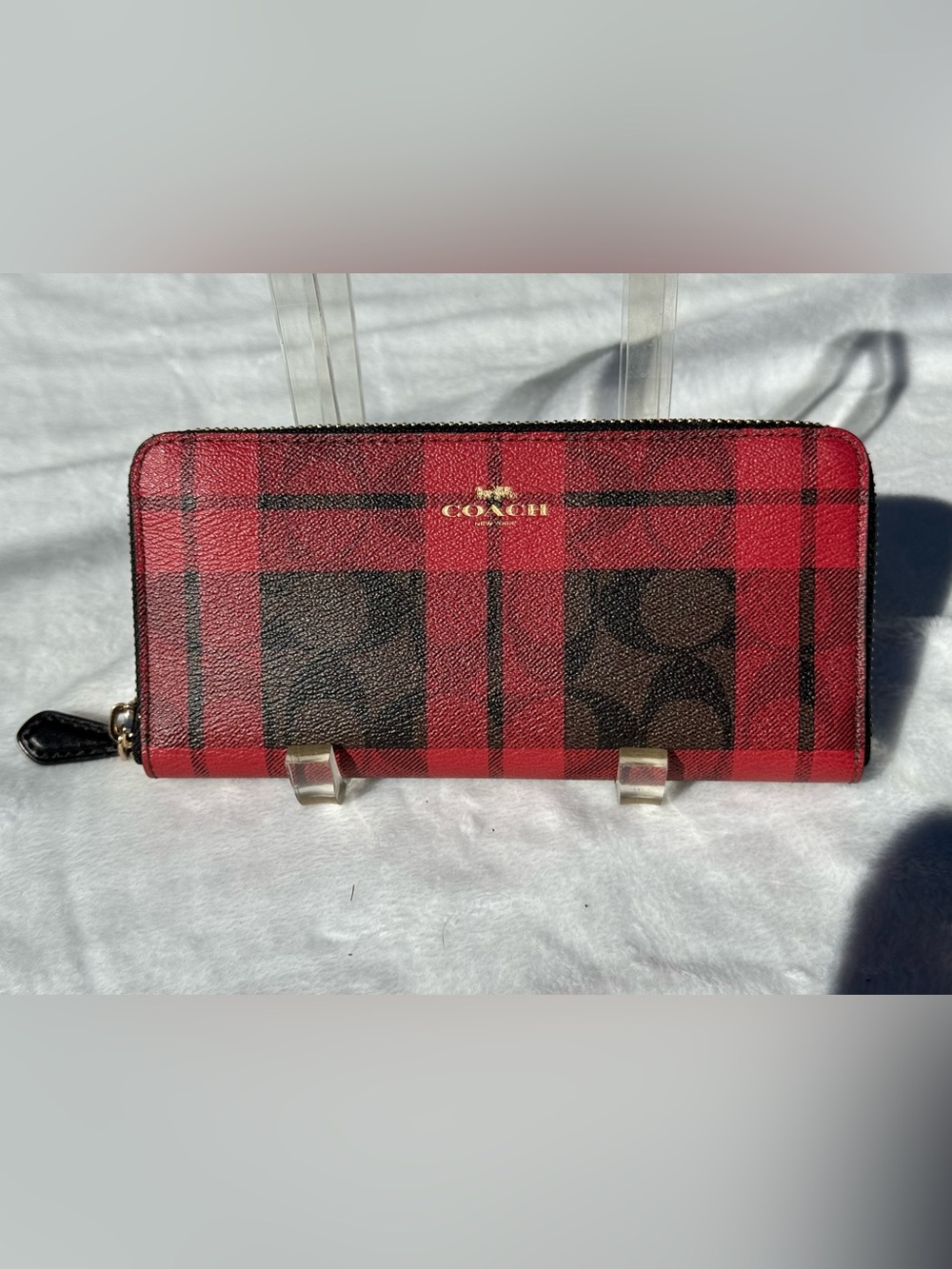 Coach Red Plaid Signature Zip-Around Wallet with Black Trim